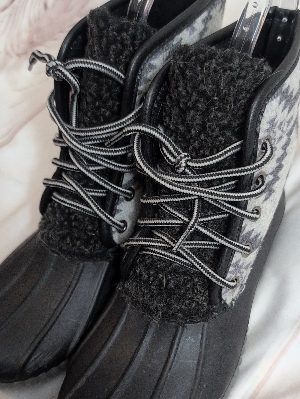 Simply Southern Womens Size 9 Duck Boots Black Gray Aztec Sherpa Lace Up